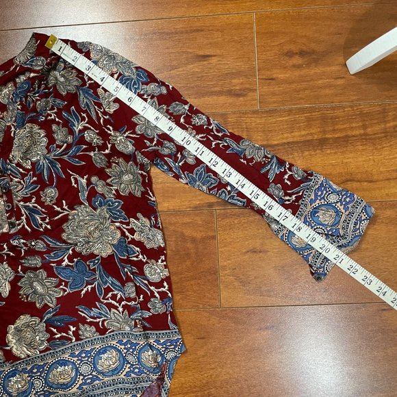 Lucky Brand Floral Damask Burgundy Wine V Neck 3/4 Sleeve Lightweight Blouse XS - Picture 8 of 10